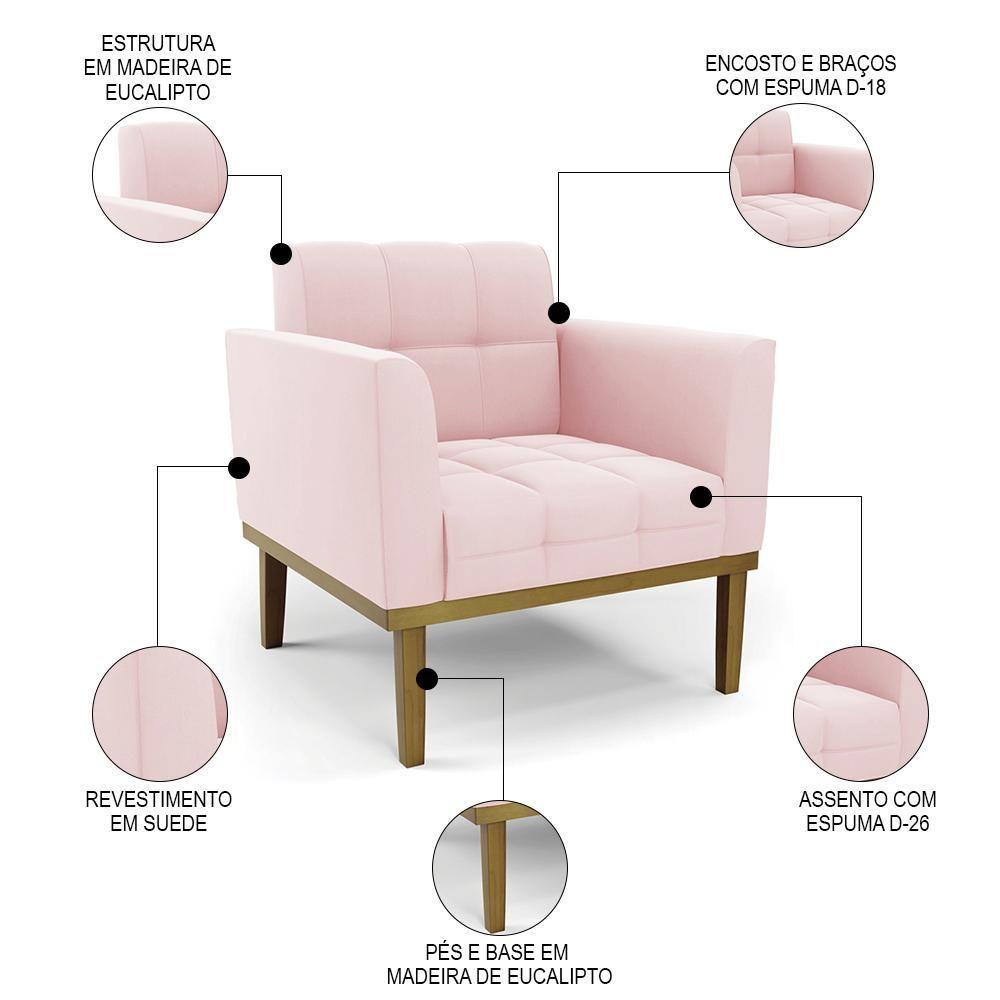 Poltrona Base Madeira Castanho Kit 2 Ana Suede Rosa Bebê - Ibiza - 3