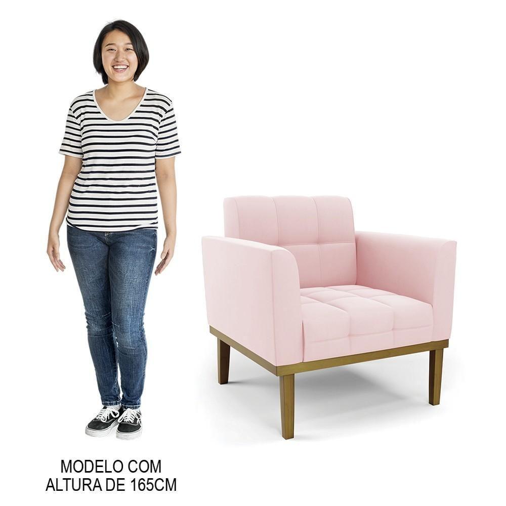 Poltrona Base Madeira Castanho Kit 2 Ana Suede Rosa Bebê - Ibiza - 5