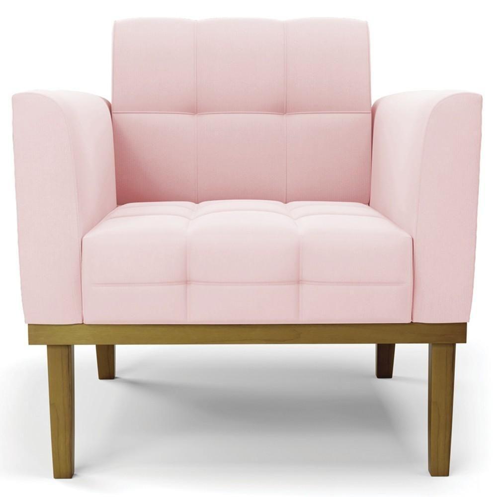 Poltrona Base Madeira Castanho Kit 2 Ana Suede Rosa Bebê - Ibiza - 6