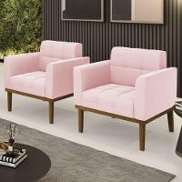 Poltrona Base Madeira Castanho Kit 2 Ana Suede Rosa Bebê - Ibiza - 2