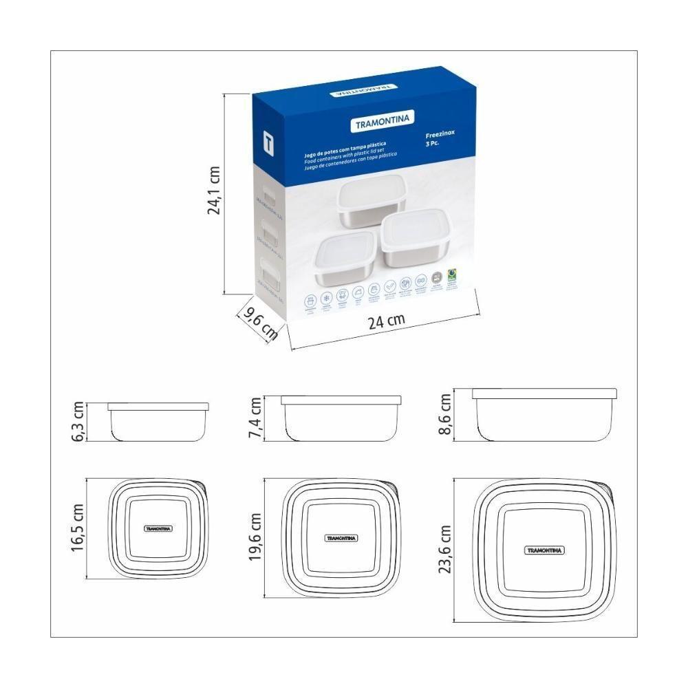 Jogo De Potes Tramontina Freezinox Quadrados Em Aço Inox Com Tampa Plástica 3 Peças - 3