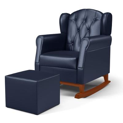 Poltrona Amamentação Base Madeira Balanço E Puff Lucy P04 Sintético Azul Marinho - Mpozenato