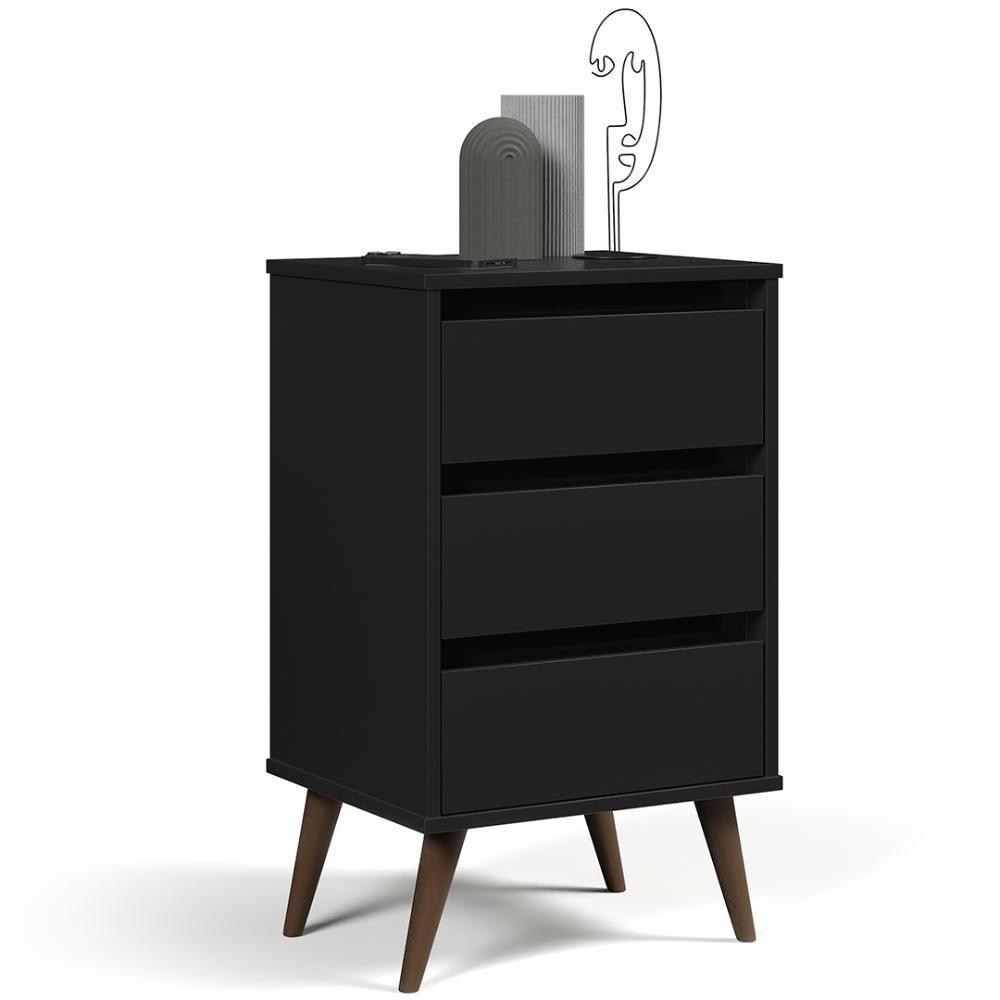 Mesa De Cabeceira Pés Retrô 3 Gavetas 43cm Wood Preto - Ej Móveis - 1