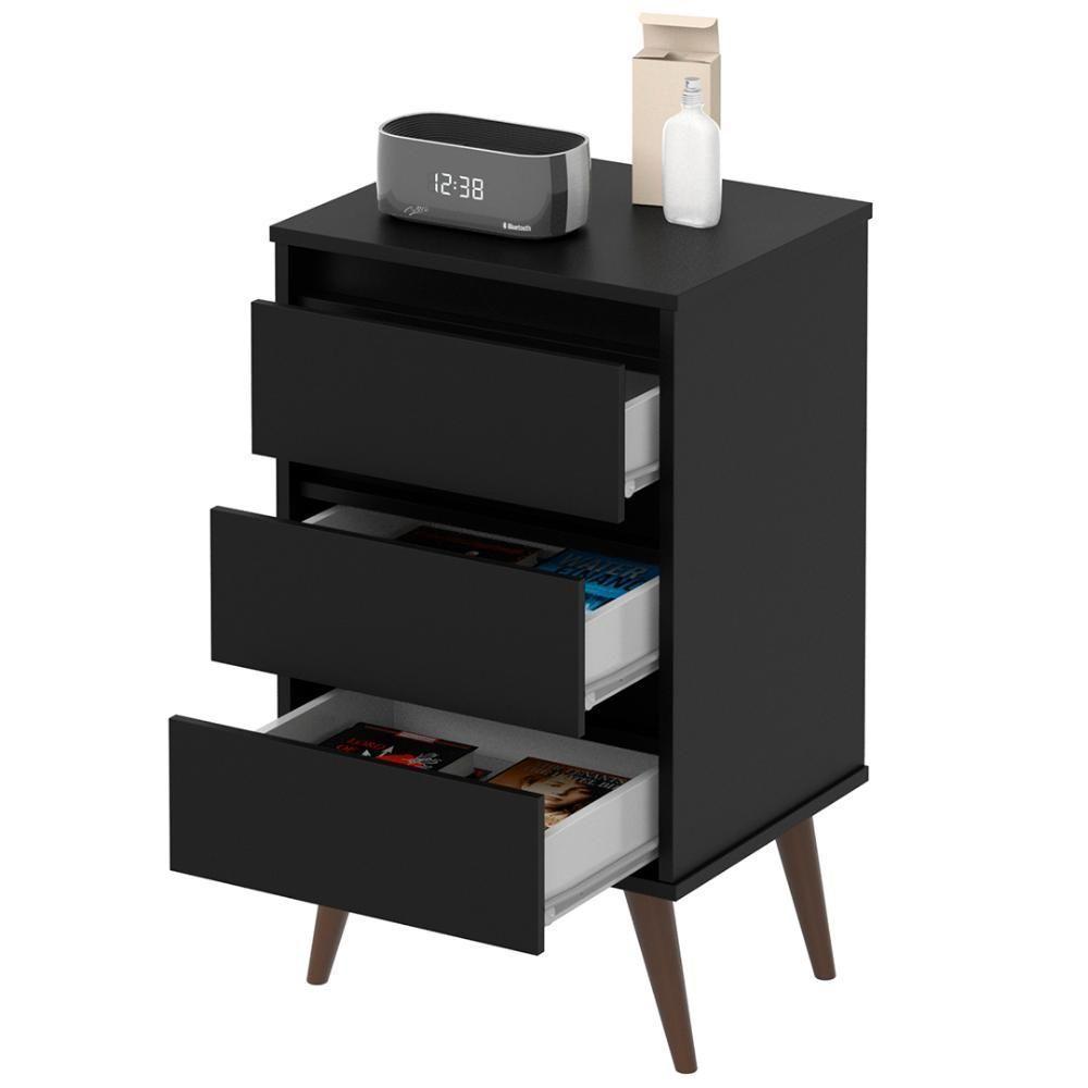 Mesa De Cabeceira Pés Retrô 3 Gavetas 43cm Wood Preto - Ej Móveis - 2