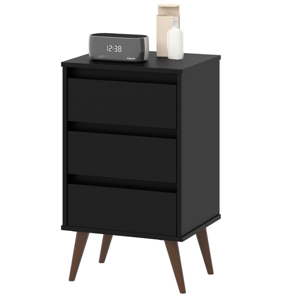 Mesa De Cabeceira Pés Retrô 3 Gavetas 43cm Wood Preto - Ej Móveis - 3