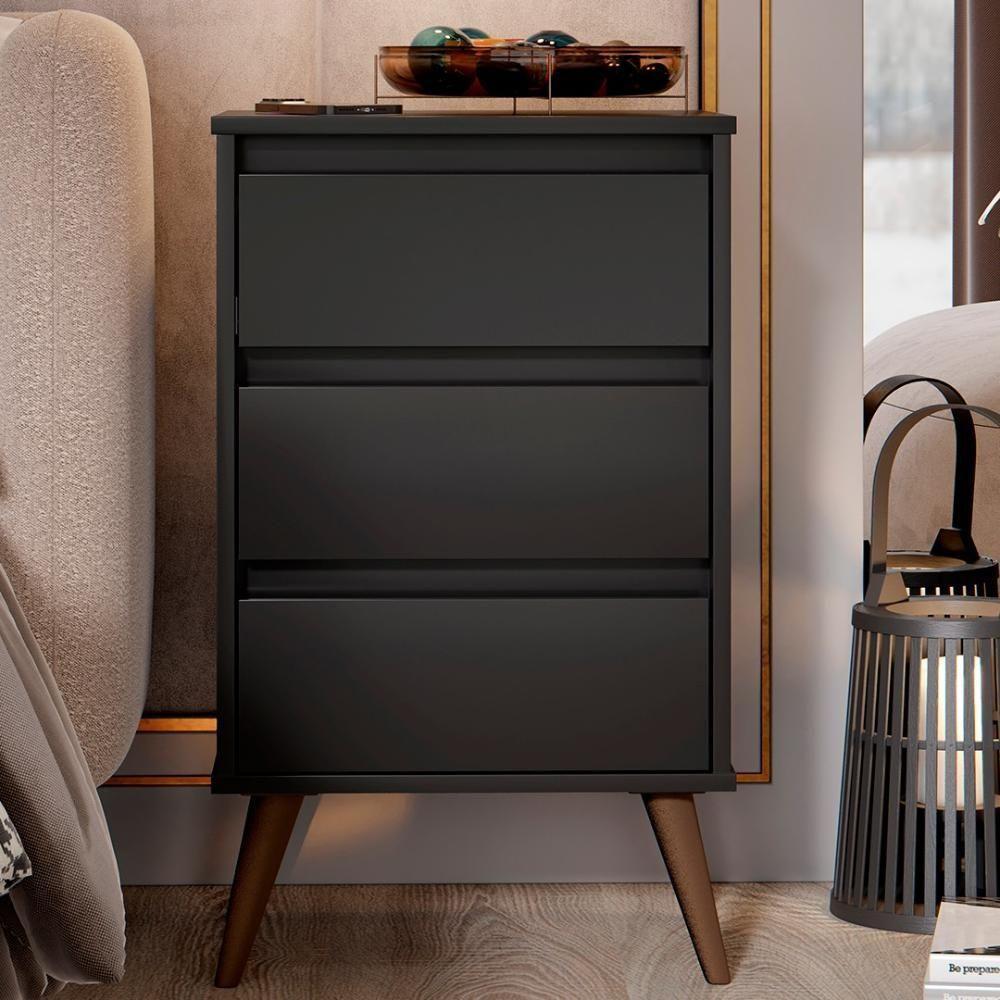 Mesa De Cabeceira Pés Retrô 3 Gavetas 43cm Wood Preto - Ej Móveis - 7