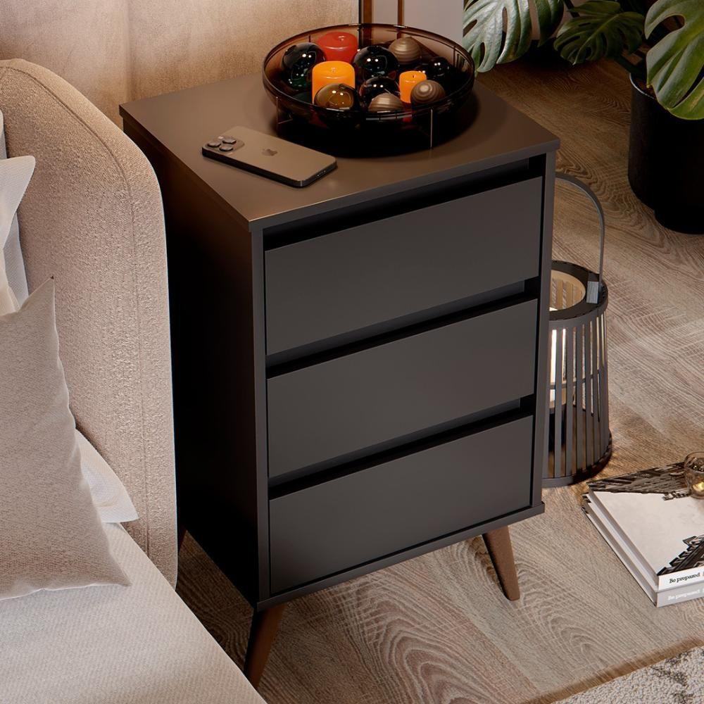 Mesa De Cabeceira Pés Retrô 3 Gavetas 43cm Wood Preto - Ej Móveis - 8