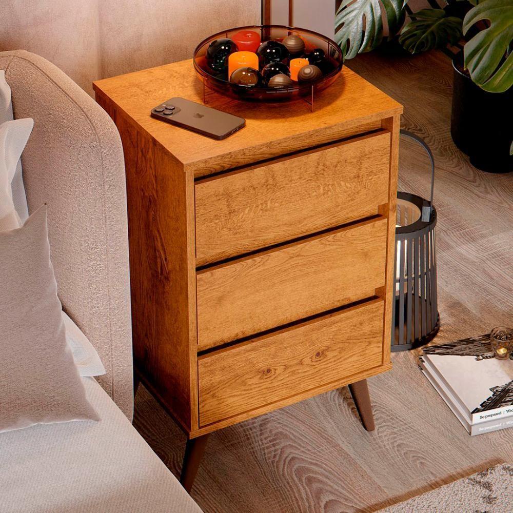 Mesa De Cabeceira Pés Retrô 3 Gavetas 43cm Wood Freijó - Ej Móveis - 6