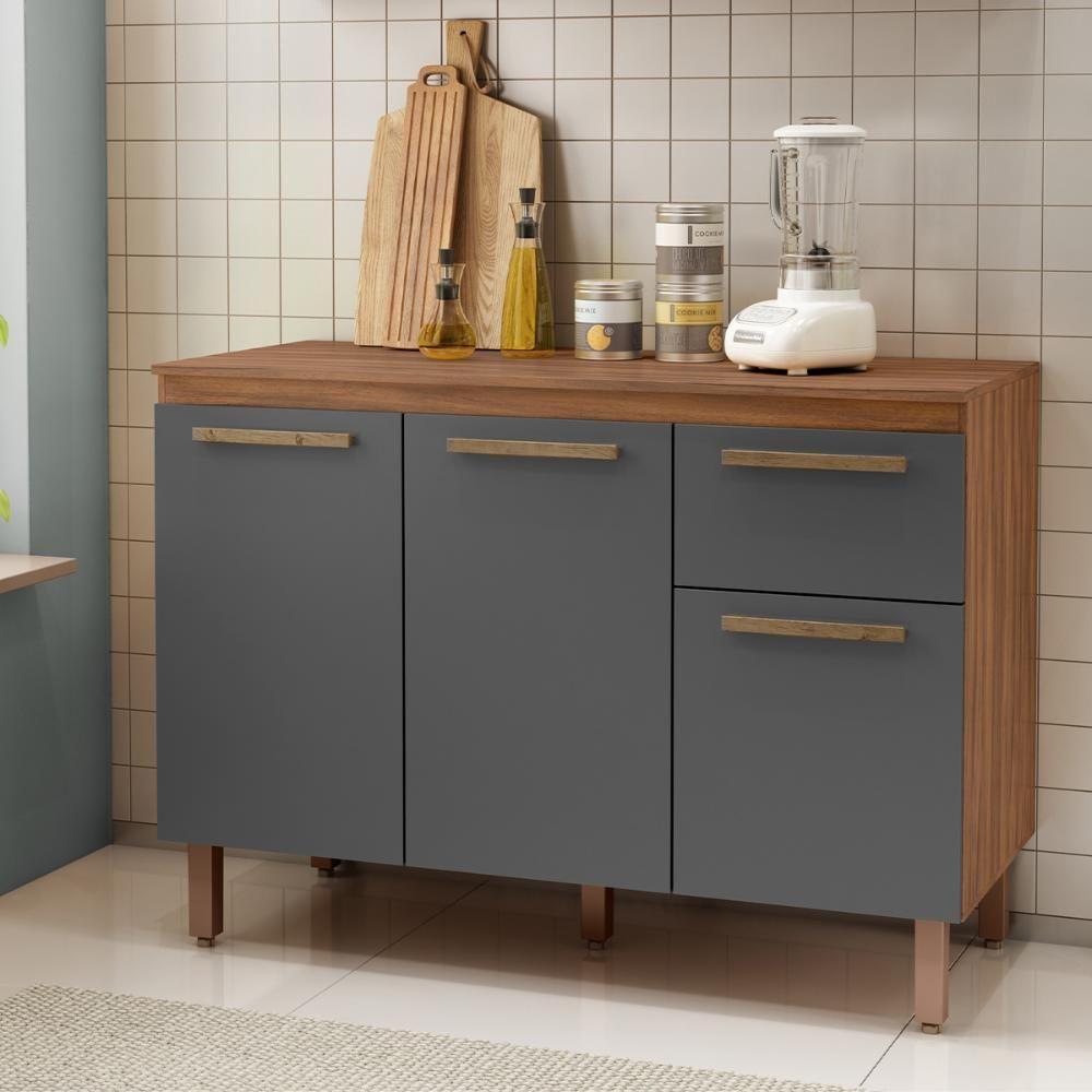 Balcão Cozinha Pop 120 Cm Com Tampo 3 Portas E 1 Gaveta Freijó/chumbo/freijó - 1