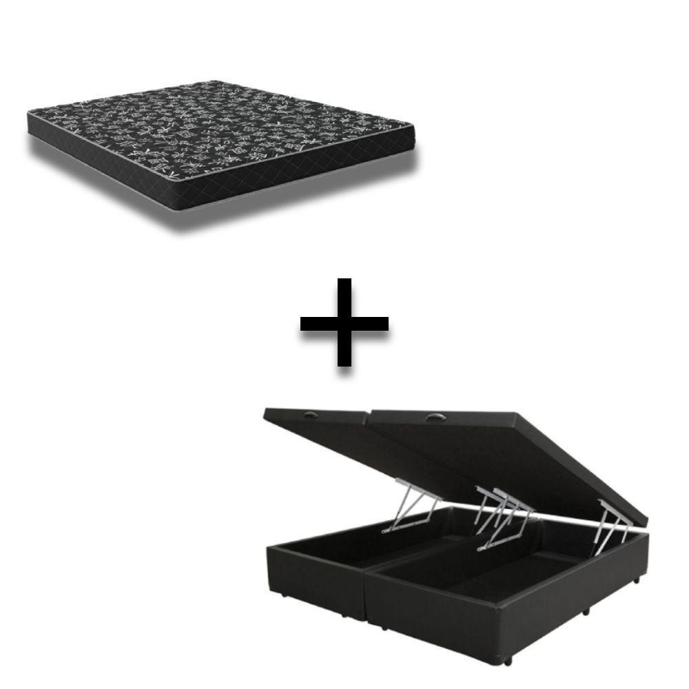 Cama Box Baú Casal 138 Bipartido Tecido Sintético Preto Com Colchão Espuma D20 - Tampo Preto Bello Box 12cm - 1