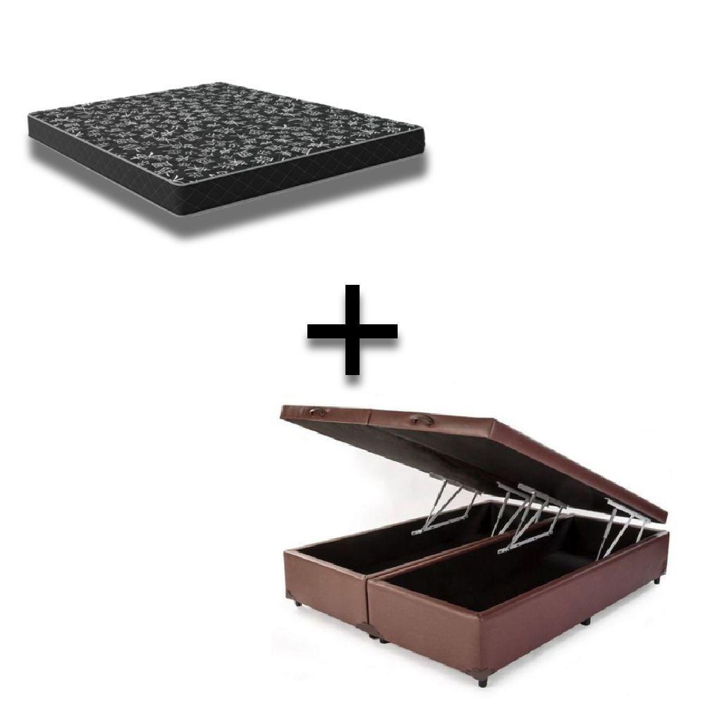 Cama Box Baú Queen 158 Tecido Sintético Marrom Com Colchão Espuma D20 - Tampo Preto Bello Box 12cm - 1