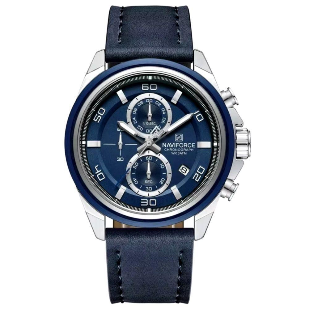 Relógio Masculino Pulseira De Couro Genuíno Com Cronógrafo De Quartzo Esportivo 30m Azul Prata - 1