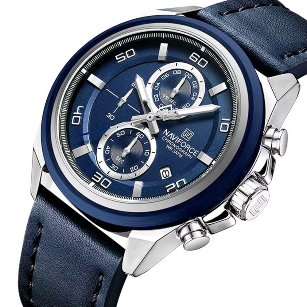 Relógio Masculino Pulseira De Couro Genuíno Com Cronógrafo De Quartzo Esportivo 30m Azul Prata - 2