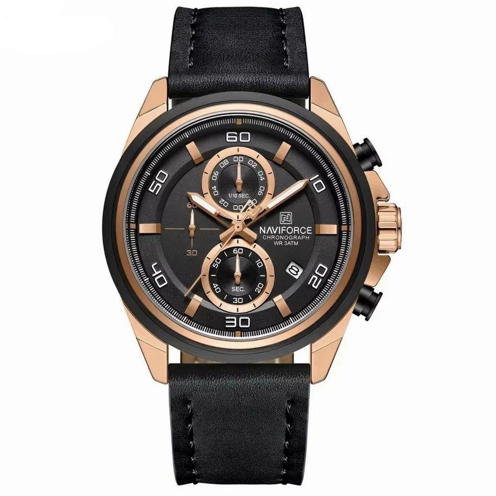 Relógio Masculino Pulseira De Couro Genuíno Com Cronógrafo De Quartzo Esportivo 30m Preto Rose - 1