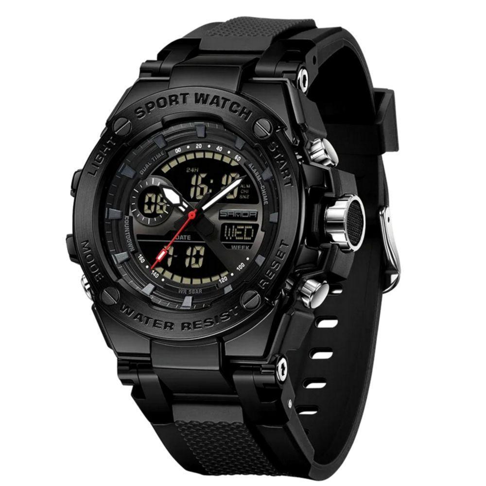 Relógio Dual Display Digital Com Pulseira Silicone Multifuncional Impermeavel Preto Fosco - 1