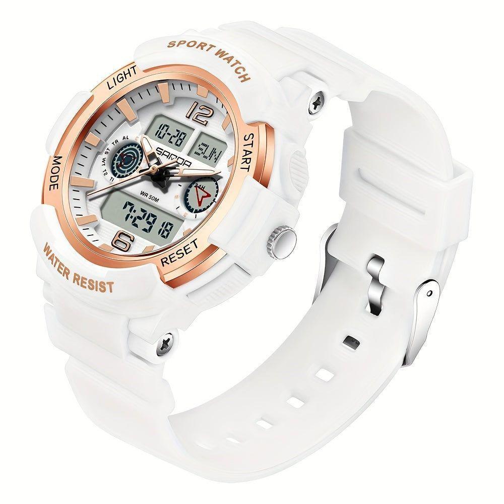 Relógio De Pulso Unissex De Moda, Com Display Duplo De Quartzo Branco Rosa Dourado - 1