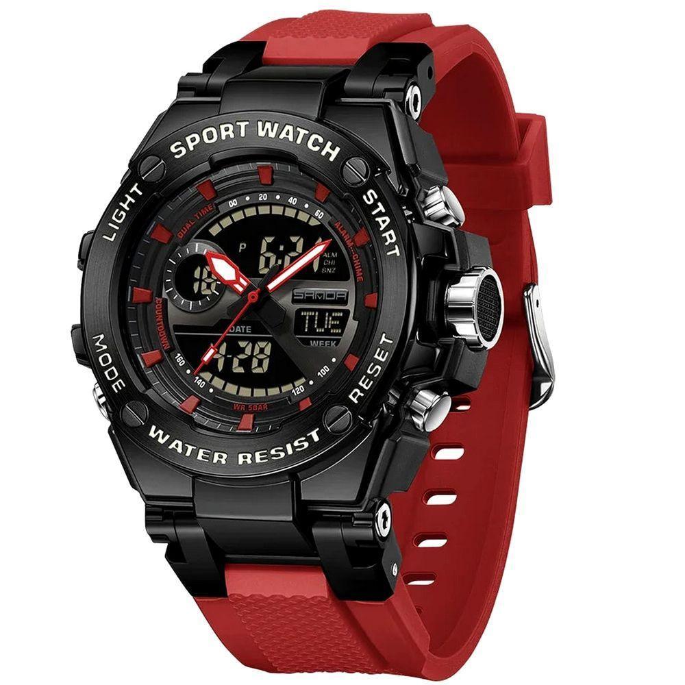 Relógio Dual Display Digital Com Pulseira Silicone Multifuncional Impermeavel Vermelho - 1