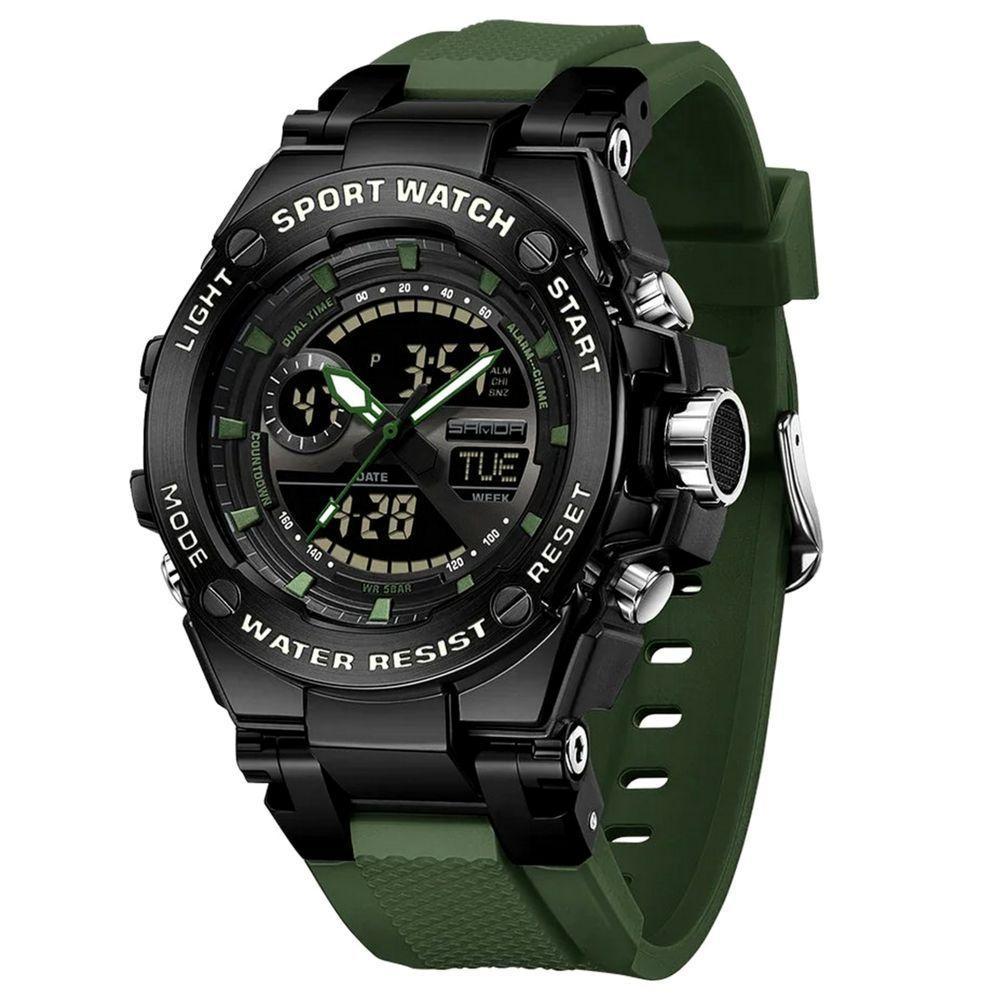 Relógio Dual Display Digital Com Pulseira Silicone Multifuncional Impermeavel Verde - 1