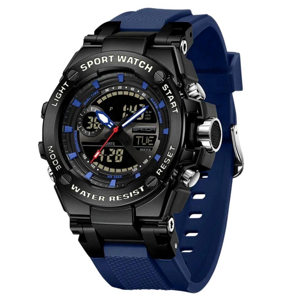 Relógio Dual Display Digital Com Pulseira Silicone Multifuncional Impermeavel Azul - 1