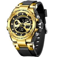 Relógio Dual Display Digital Com Pulseira Silicone Multifuncional Impermeavel Preto Dourado - 1