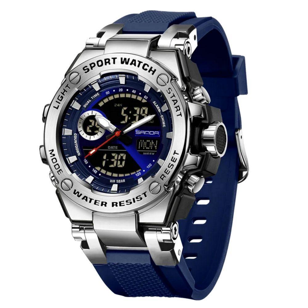 Relógio Dual Display Digital Com Pulseira Silicone Multifuncional Impermeavel Azul Prata - 1