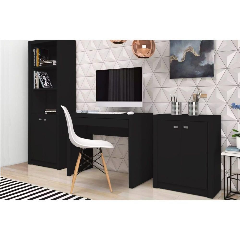 Escritório Completo 1 Mesa De Computador Me4107 + 1 Balcão Me4103 + 1 Estante Me4110 3 Peças Preto - 1