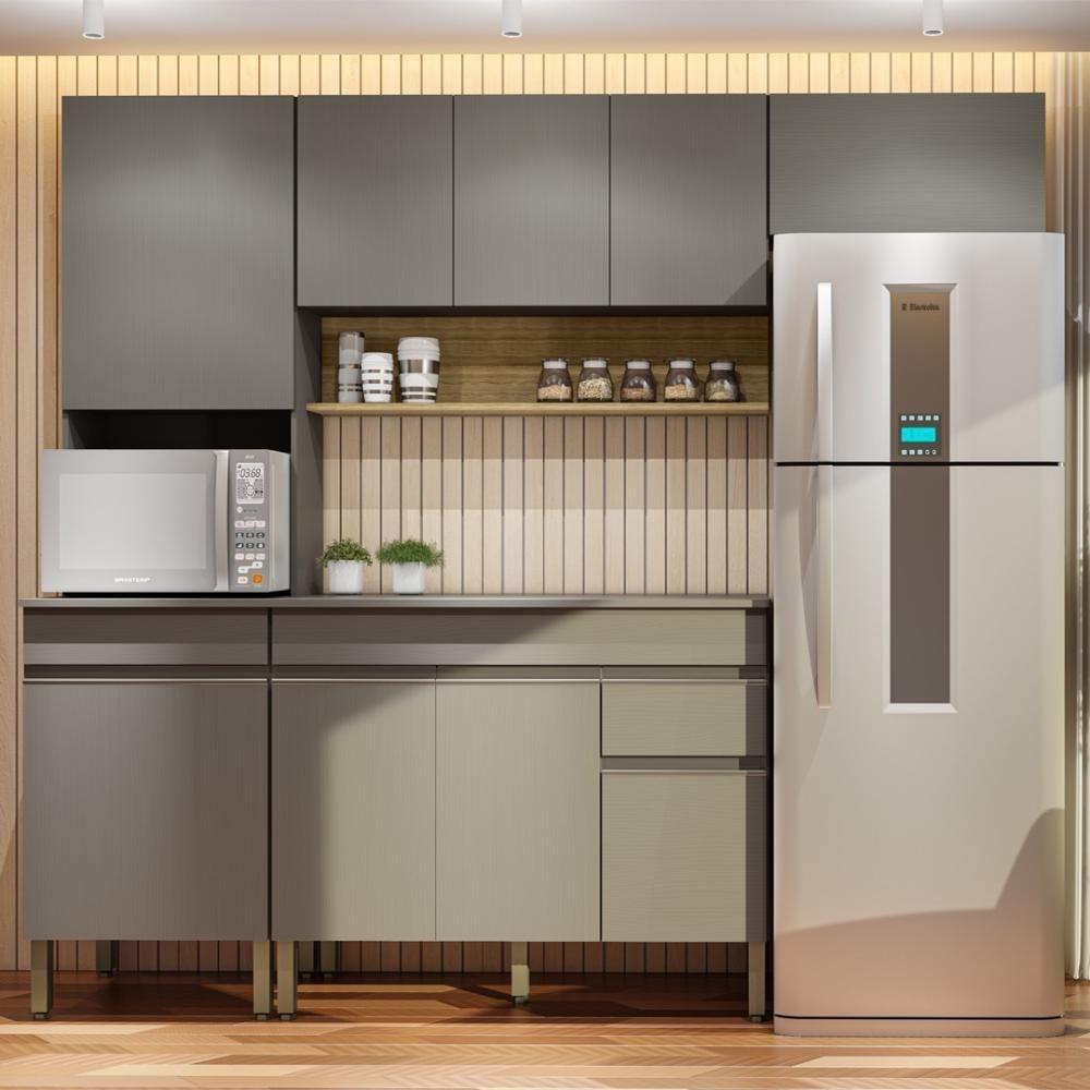 Armário De Cozinha Completa 120 Com Balcão Com Tampo 9 Portas Line Freijó Gris - 1
