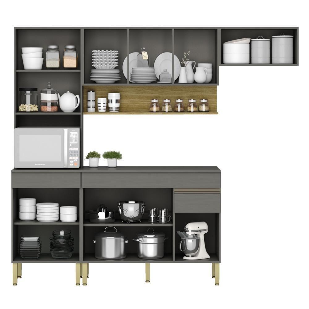 Armário De Cozinha Completa 120 Com Balcão Com Tampo 9 Portas Line Freijó Gris - 3