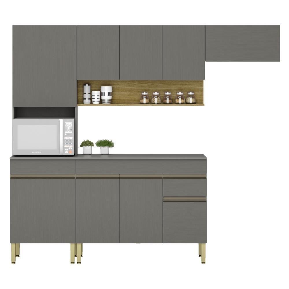 Armário De Cozinha Completa 120 Com Balcão Com Tampo 9 Portas Line Freijó Gris - 9