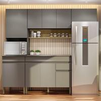 Armário De Cozinha Completa 120 Com Balcão Com Tampo 9 Portas Line Freijó Gris - 1