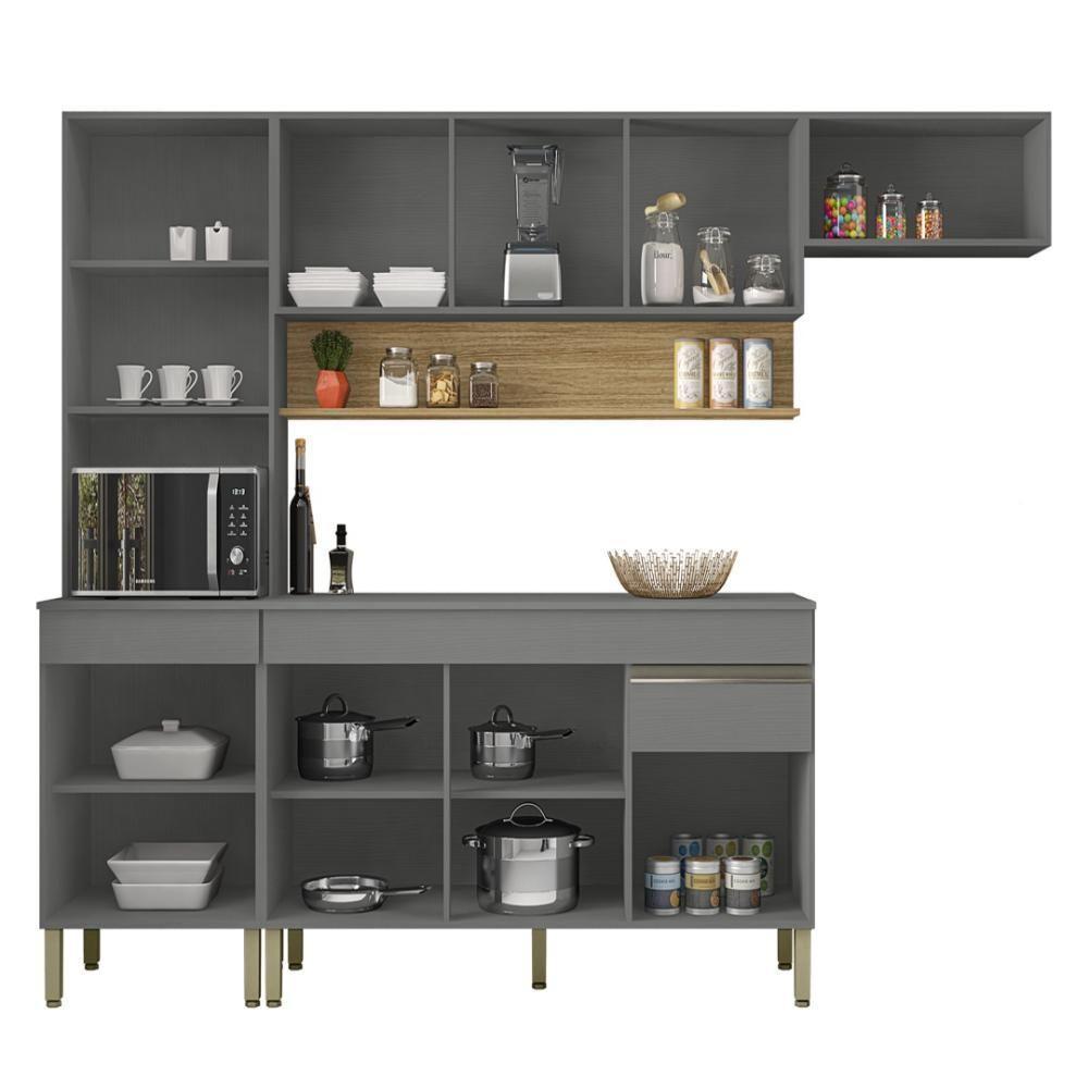 Armário De Cozinha Completa 150 Com Balcão Para Pia 9 Portas Line Freijó Gris - 3