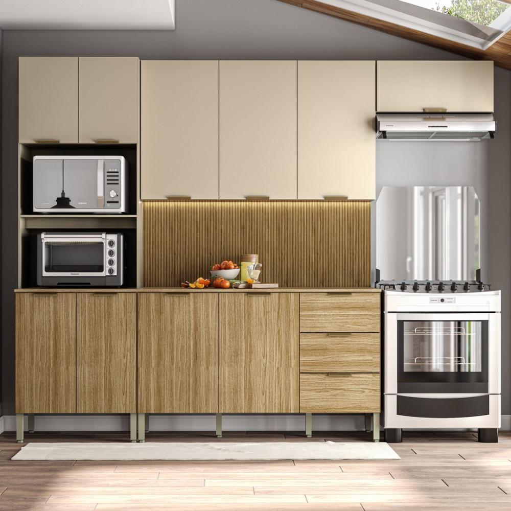 Armário De Cozinha Completa Com Balcão Com Tampo 10 Portas Glam Freijó Vanilla Com Ripado - 1