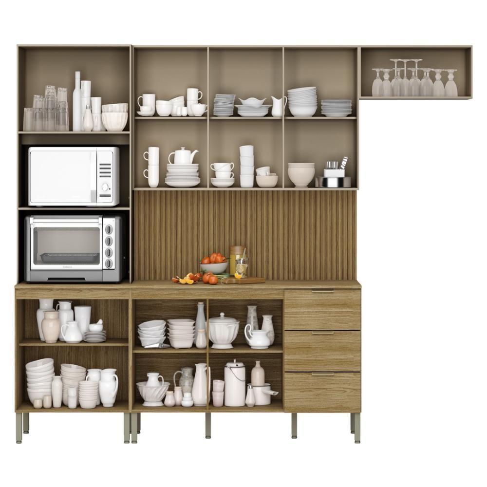 Armário De Cozinha Completa Com Balcão Com Tampo 10 Portas Glam Freijó Vanilla Com Ripado - 3