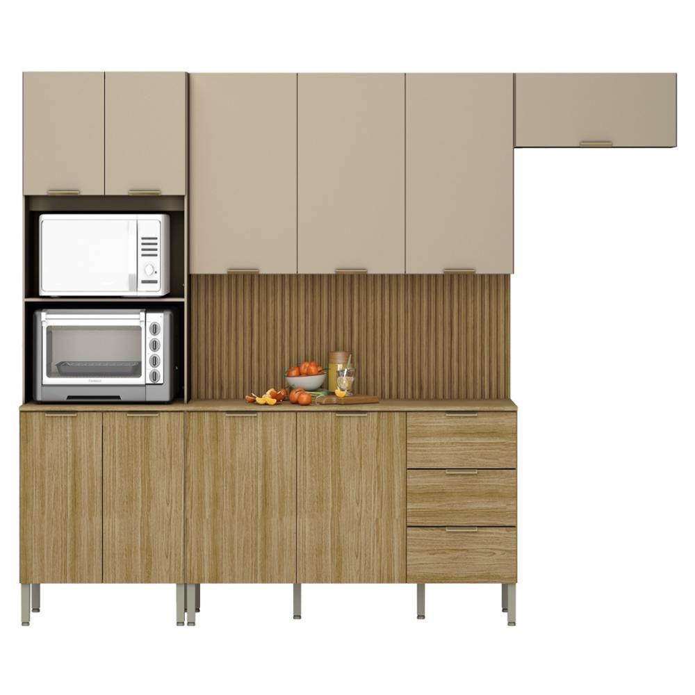 Armário De Cozinha Completa Com Balcão Com Tampo 10 Portas Glam Freijó Vanilla Com Ripado - 10