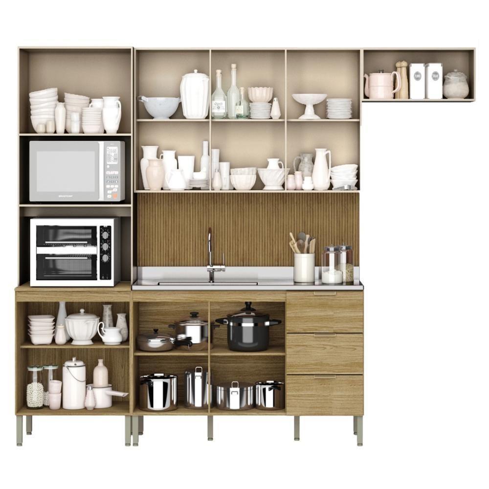 Armário De Cozinha Completa Com Balcão Para Pia 10 Portas Glam Freijó Vanilla Com Ripado - 9