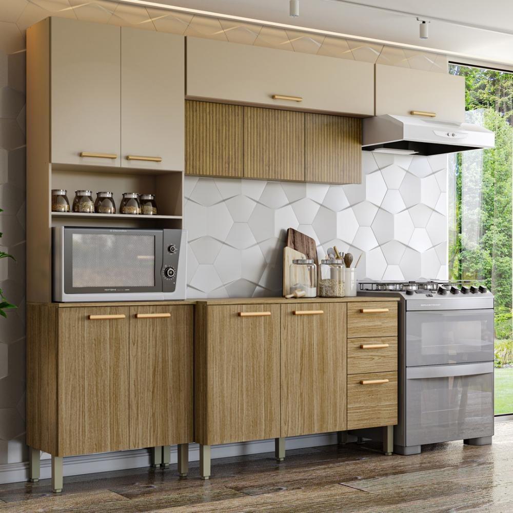 Armário De Cozinha Completa Com Balcão Com Tampo 12 Portas Urbane Freijó Vanilla Com Ripado - 1