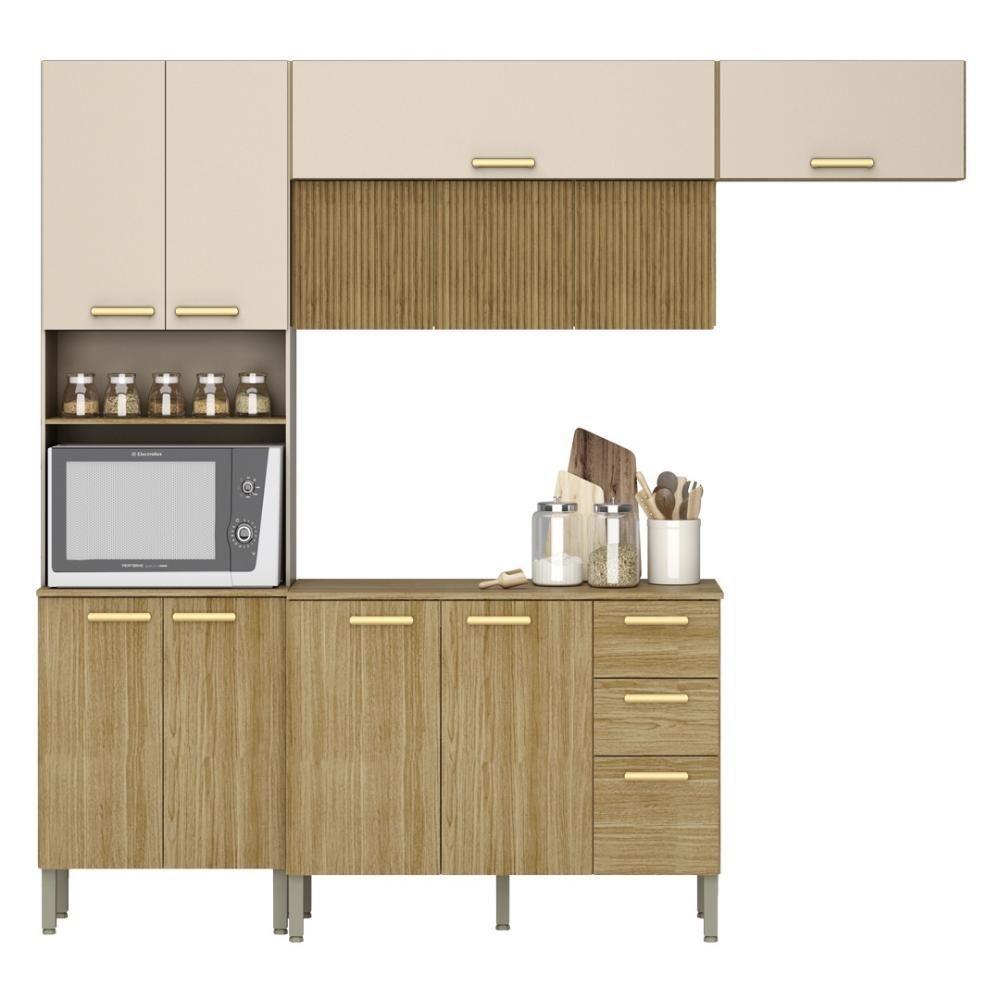 Armário De Cozinha Completa Com Balcão Com Tampo 12 Portas Urbane Freijó Vanilla Com Ripado - 9