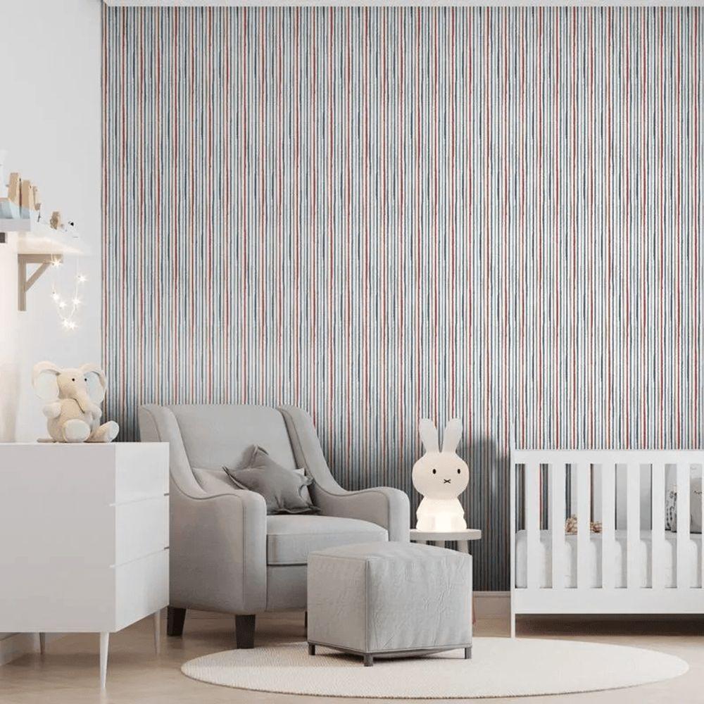 Papel De Parede Revoada Listrado Aquarela Azul, Cinza E Vermelho 4425 - 2