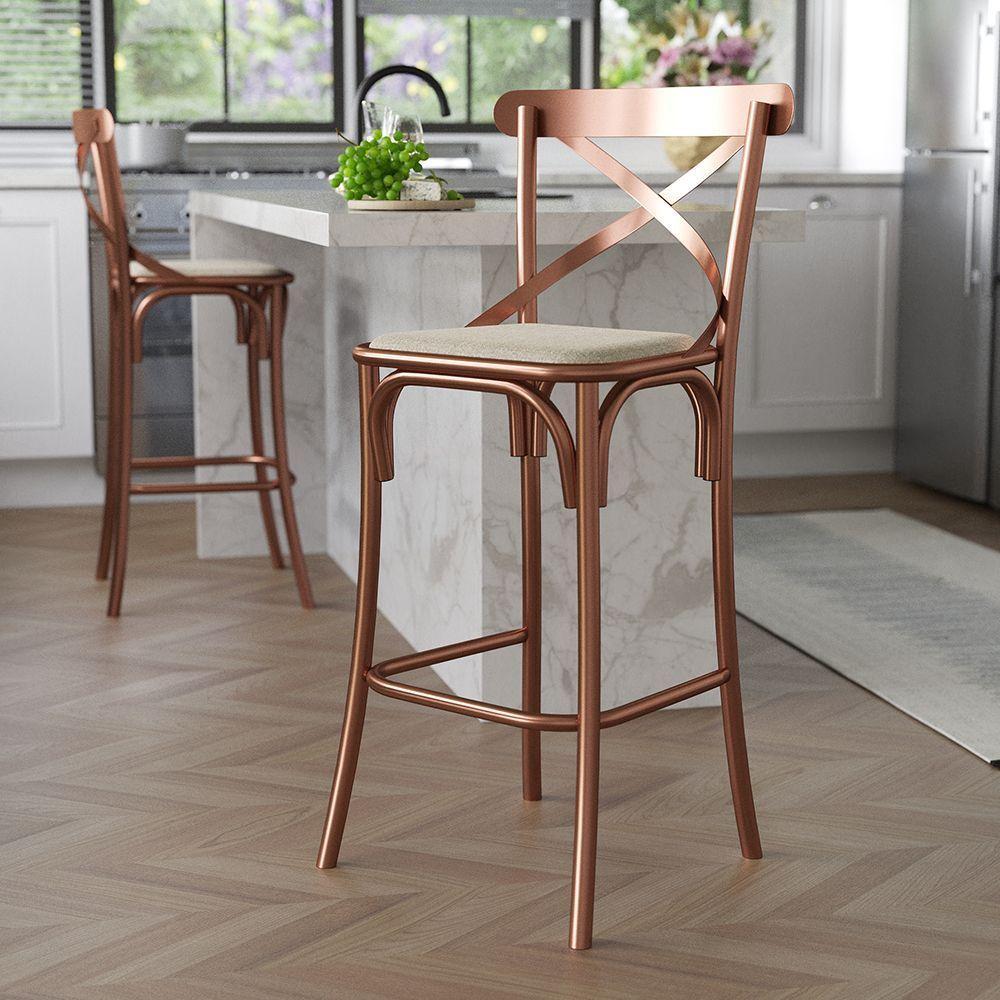 Banqueta Com Encosto Katrina Premium Em Aço Cobre Assento Bege - 1