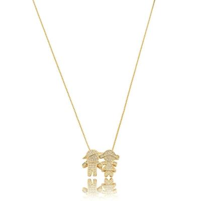 Colar Com Pingente Filhos Menina Menino Zirconias Banhado Ouro