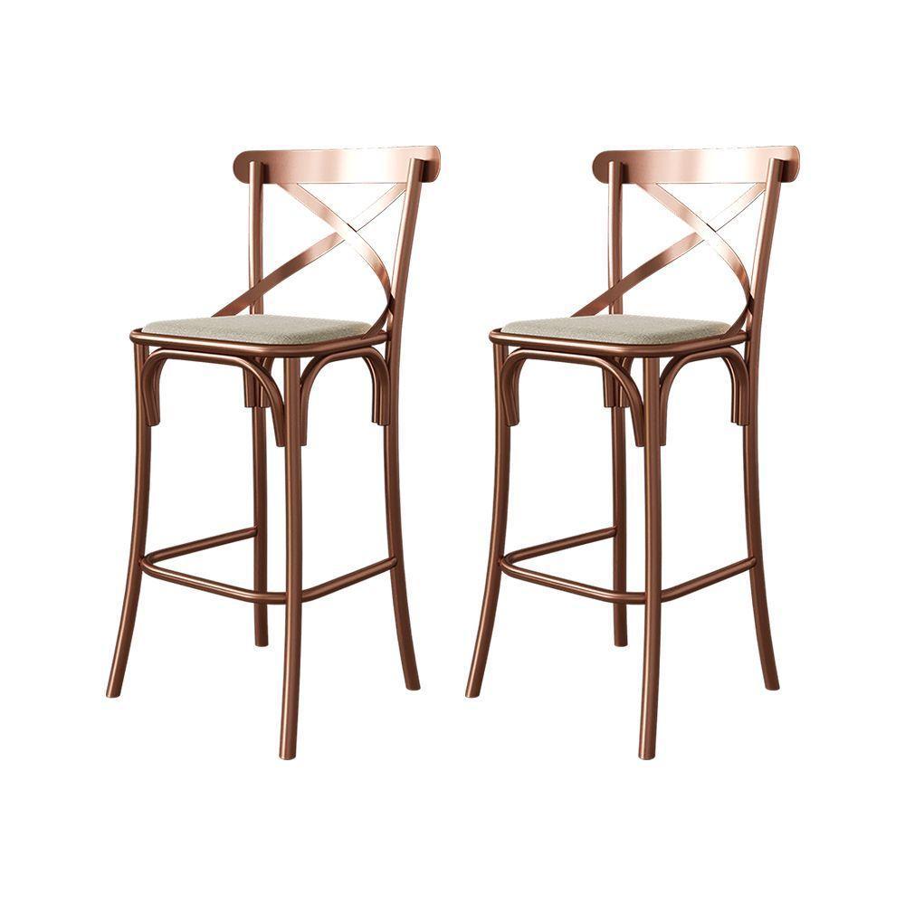 Kit 2 Banquetas Com Encosto Katrina Premium Bar Cozinha Balcão Em Aço Cobre Assento Bege - 1
