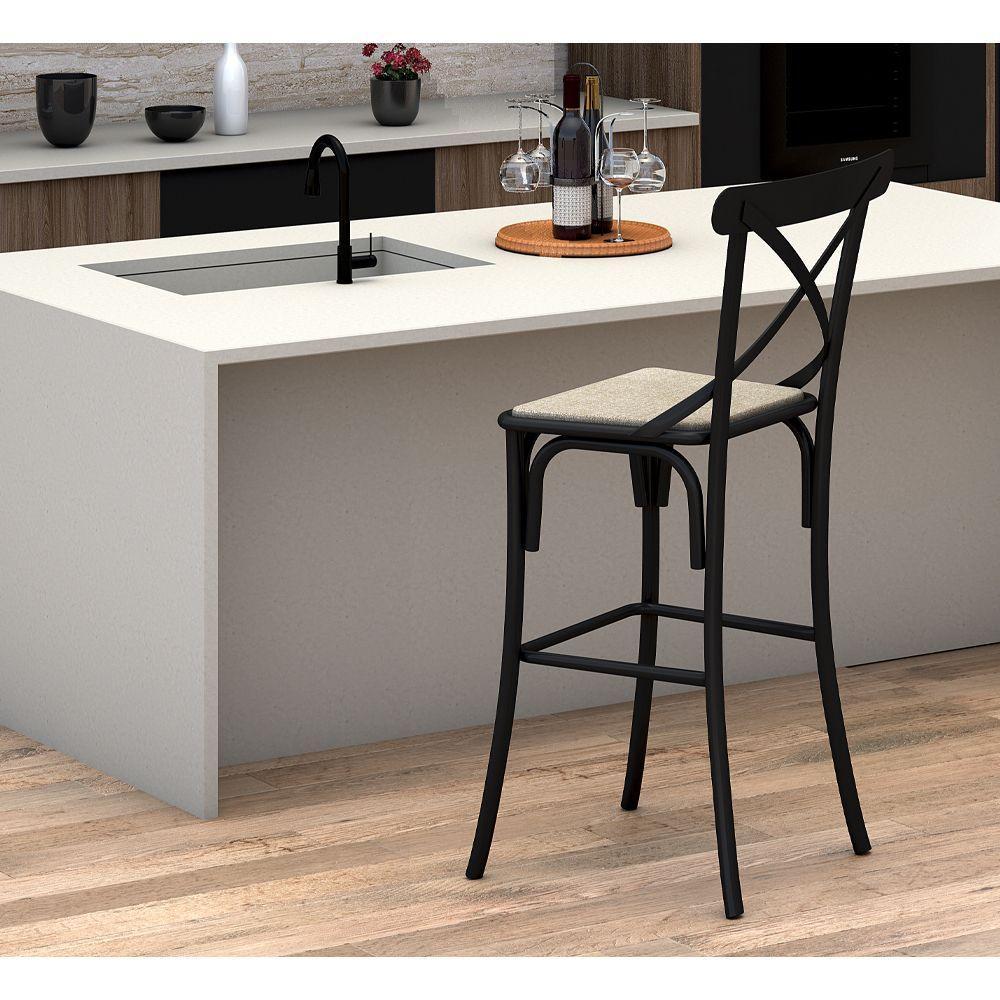 Banqueta Com Encosto Katrina Premium Em Aço Preta Assento Bege - 1