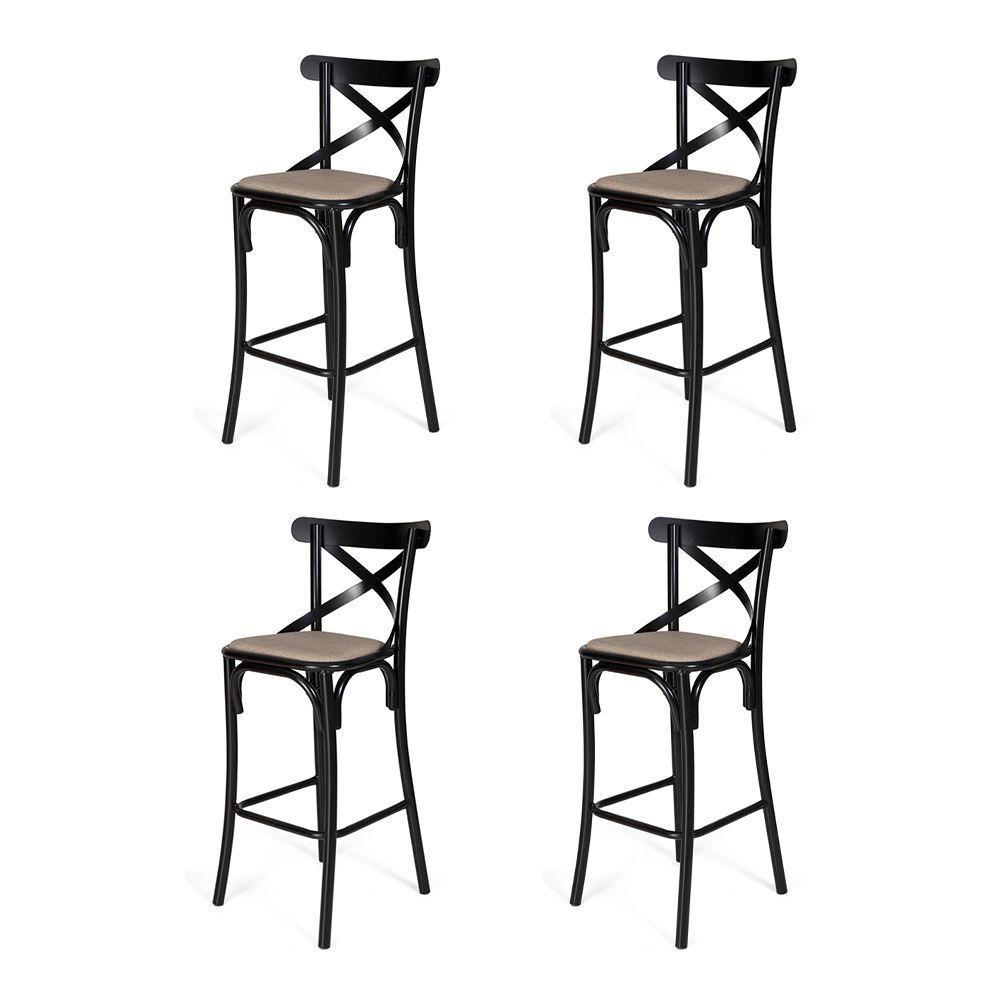 Kit 4 Banquetas Katrina Premium Em Aço Preto Assento Bege - 1