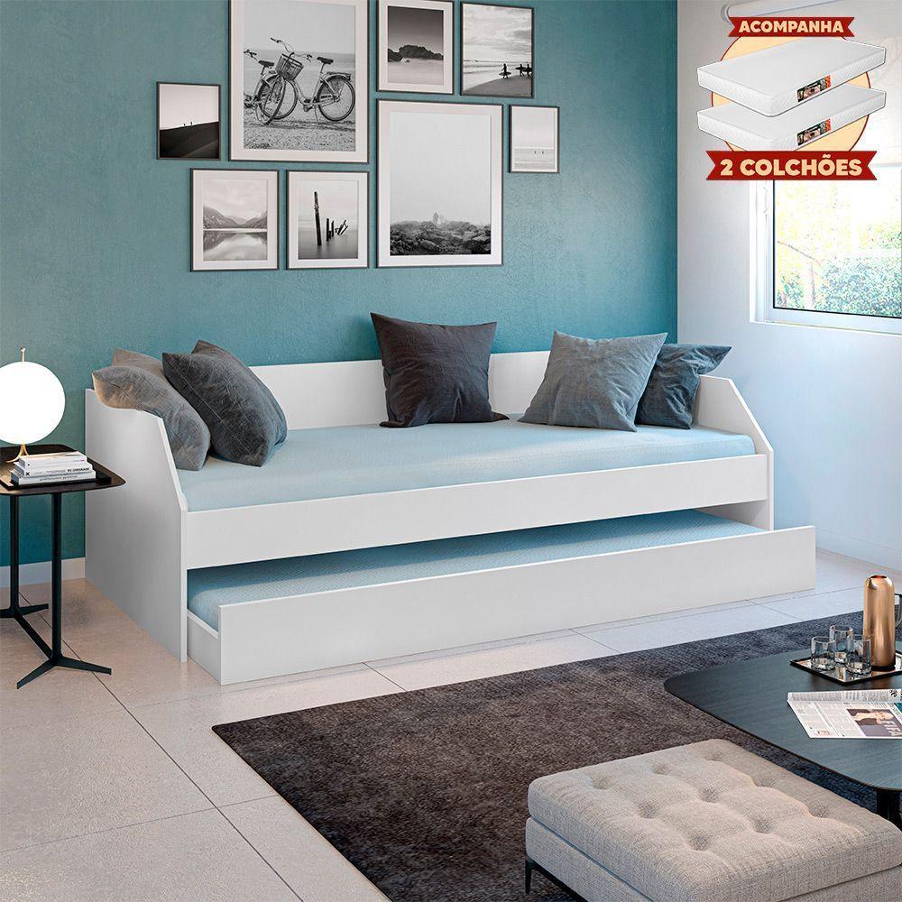 Sofá Cama Solteiro Duo Com Cama Auxiliar Em Mdf Reforçado 15mm Branco Com 2 Colchões - 1