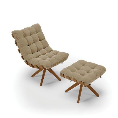 Kit Poltrona e Puff Costela Suede Marrom Rato Base Madeira