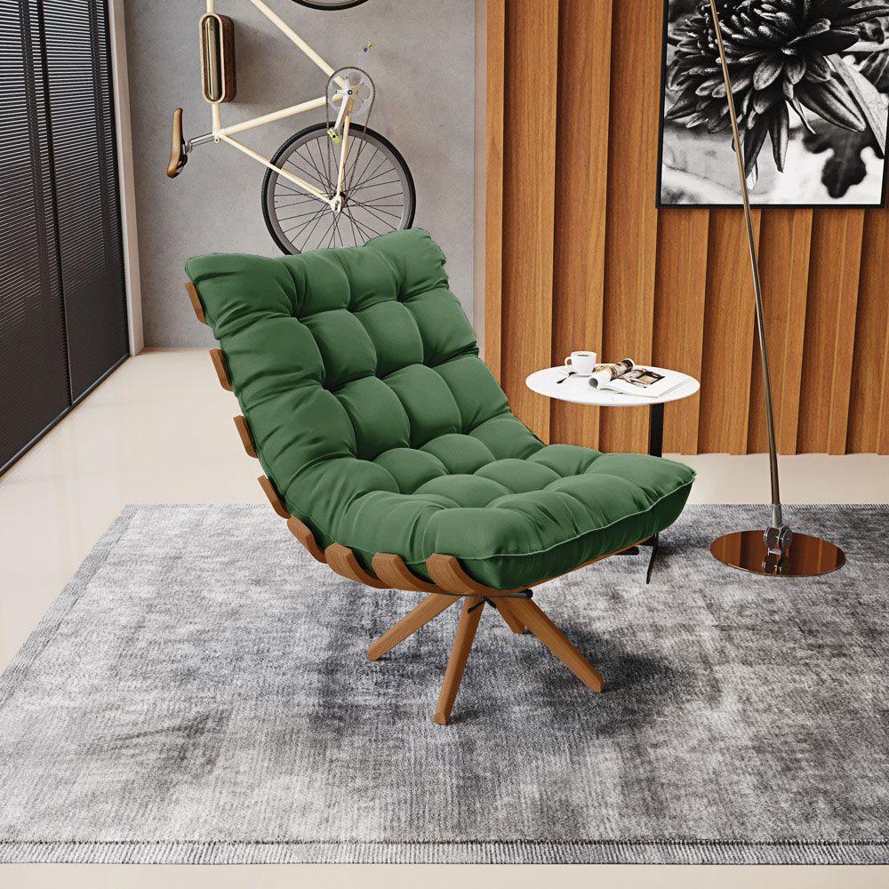 Kit 02 Poltronas Giratória Costela Suede Verde Base Madeira - 8
