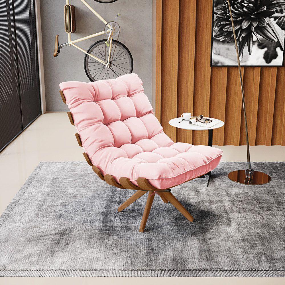 Kit 02 Poltronas Giratória Costela Suede Rosa Base Madeira - 8