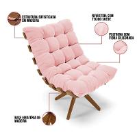 Kit 02 Poltronas Giratória Costela Suede Rosa Base Madeira - 3