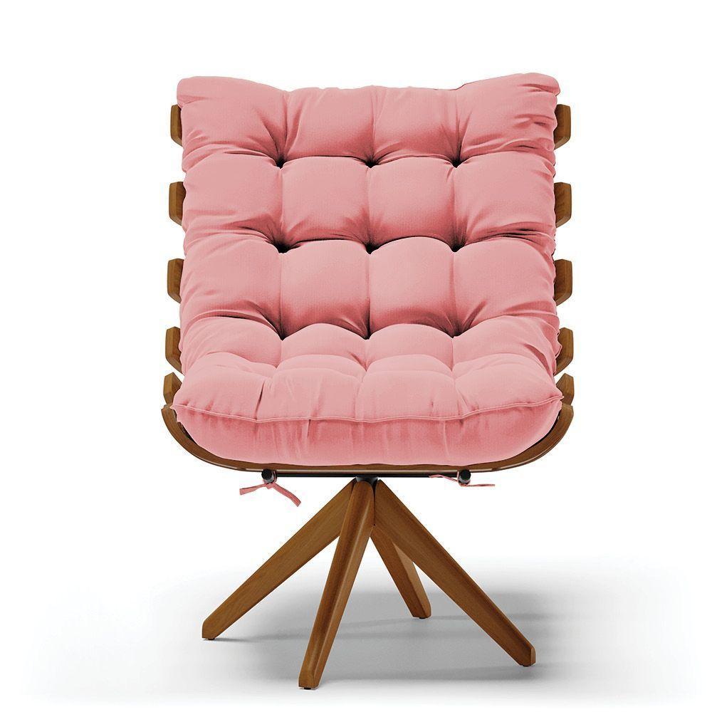 Kit 02 Poltronas Giratória Costela Suede Rosê Base Madeira - 7