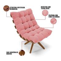 Kit 02 Poltronas Giratória Costela Suede Rosê Base Madeira - 3